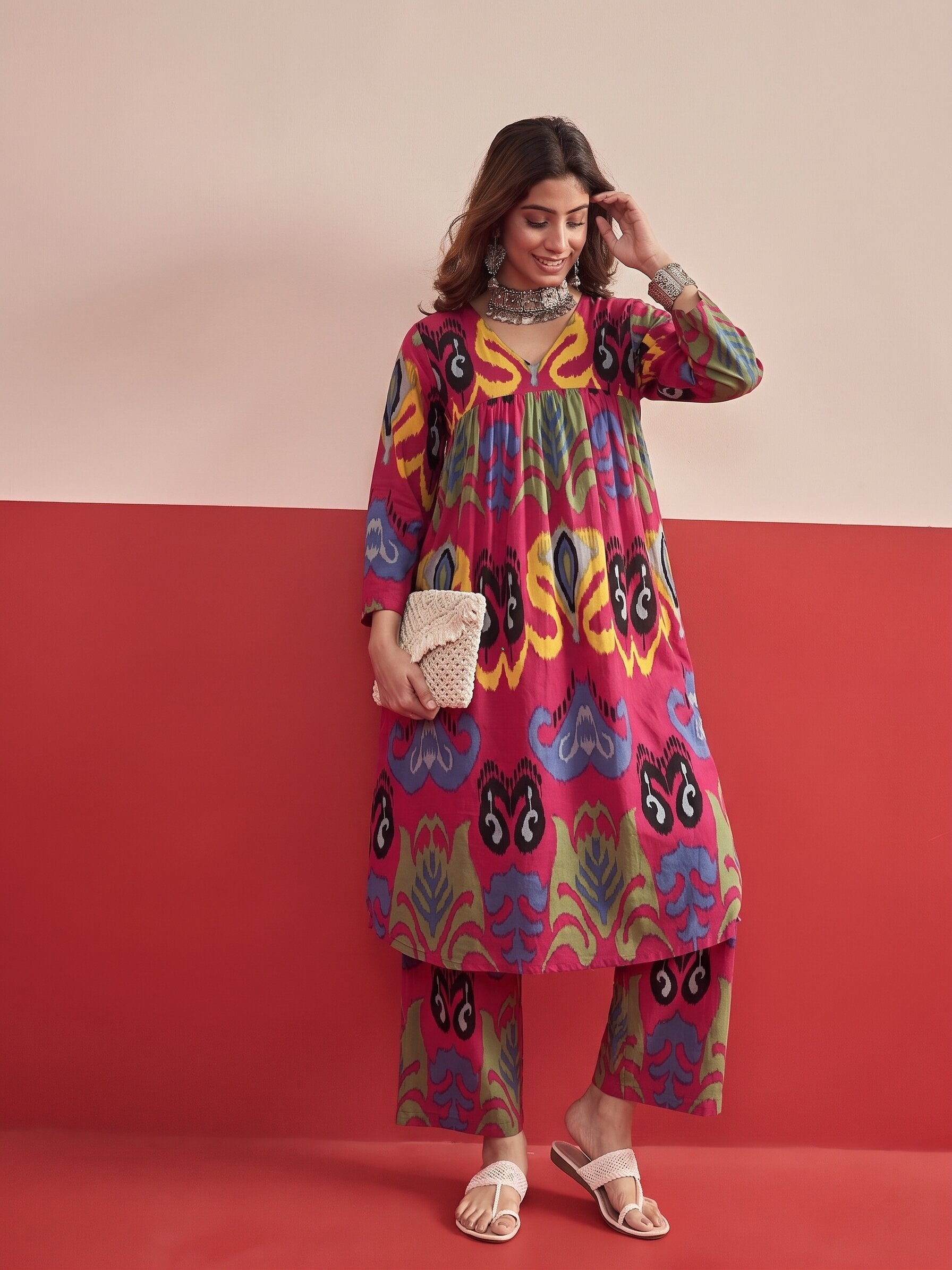 Dull Fuchsia Ikat Kurta Pant Set