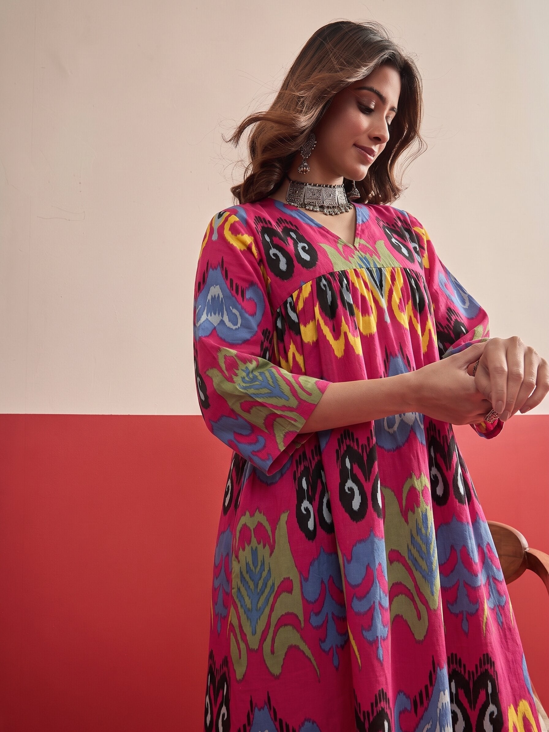 Dull Fuchsia Ikat Kurta Pant Set