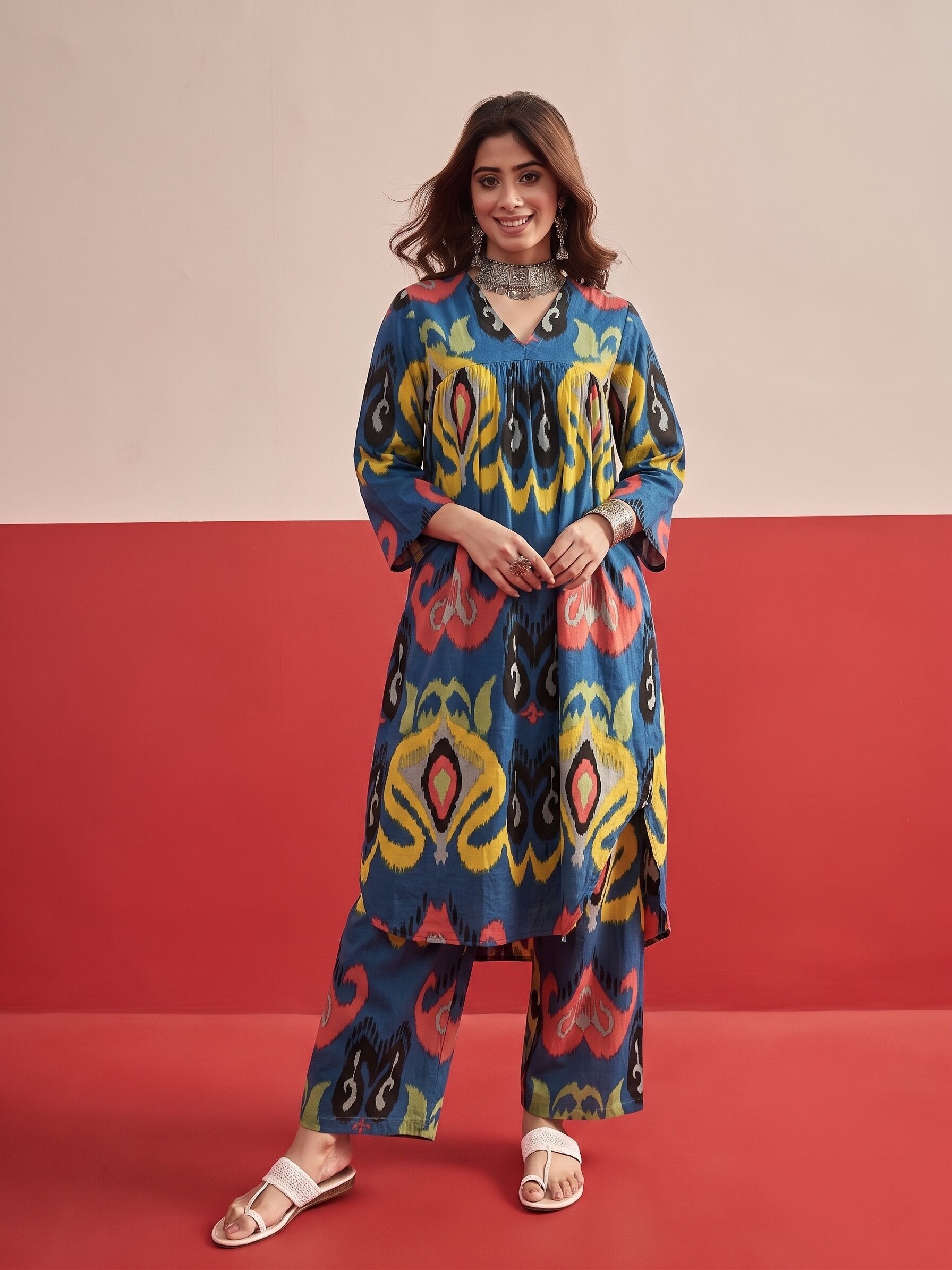 Dull Blue Ikat Kurta Pant Set