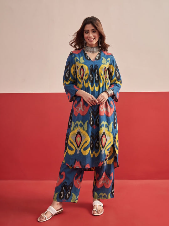 Dull Blue Ikat Kurta Pant Set