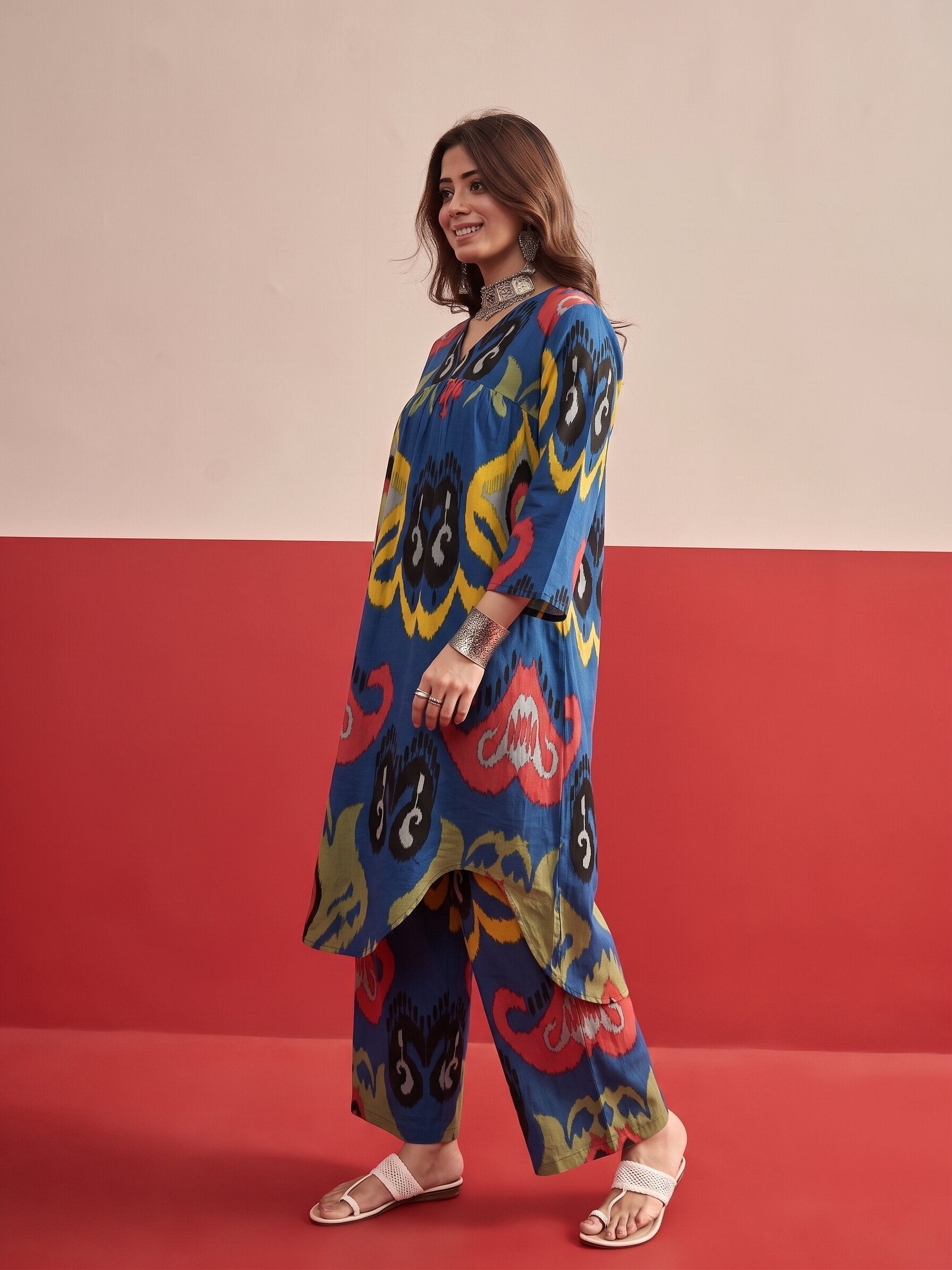 Dull Blue Ikat Kurta Pant Set