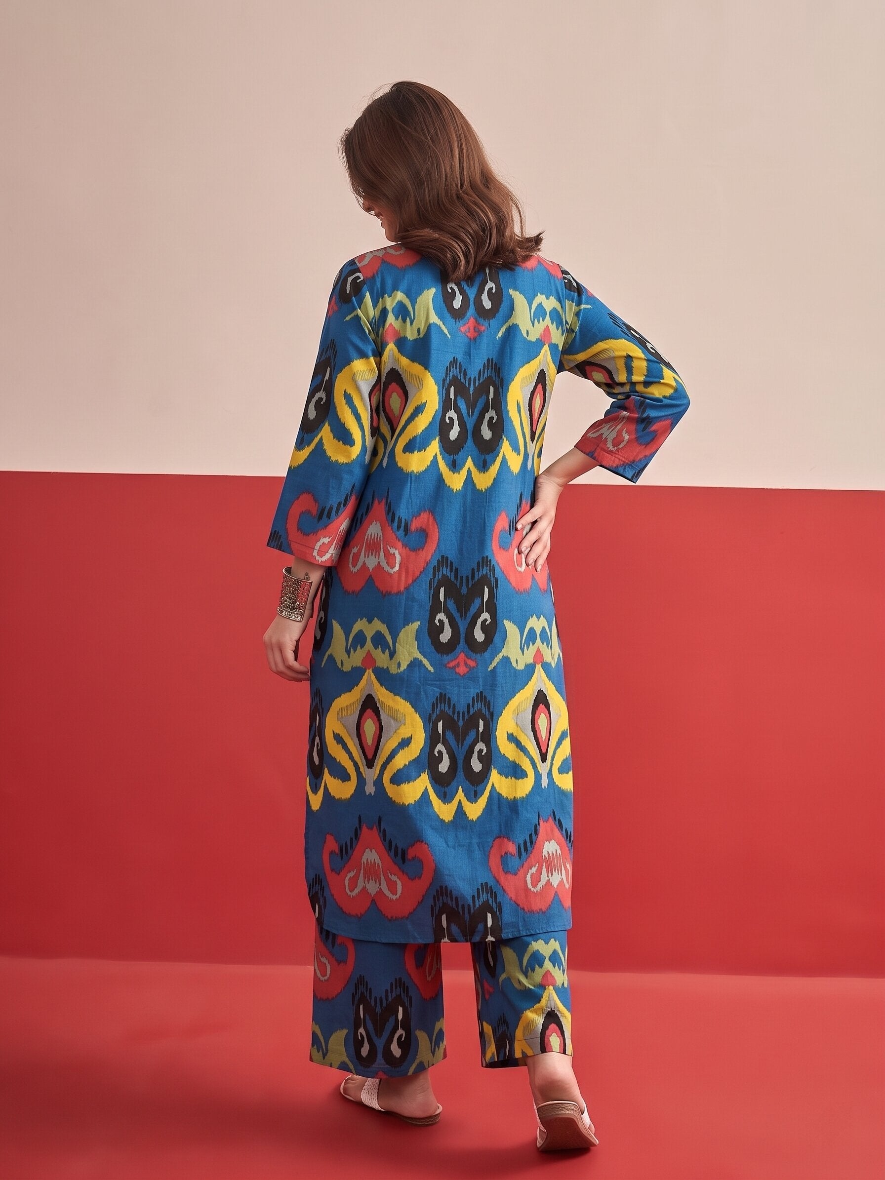 Dull Blue Ikat Kurta Pant Set