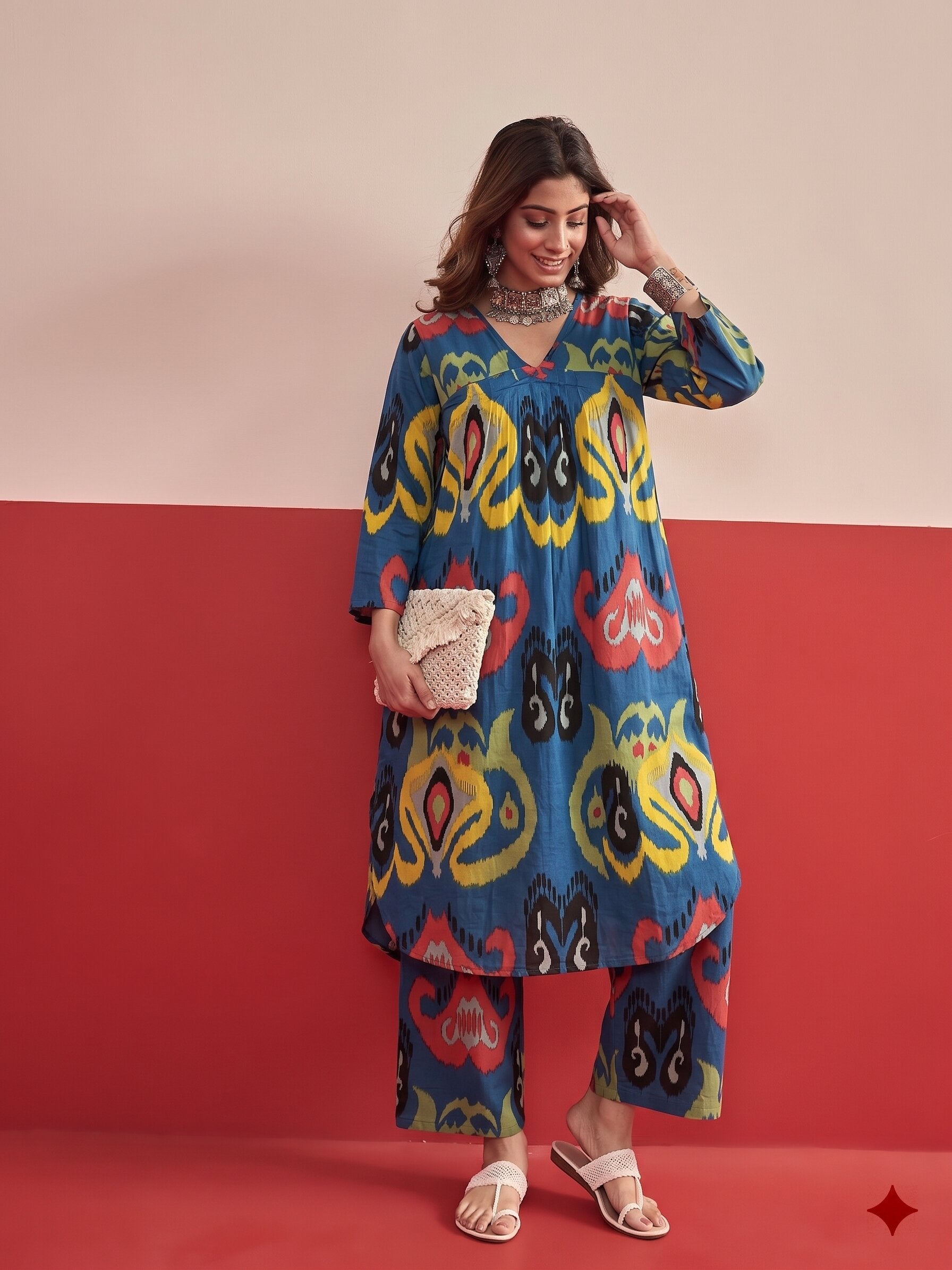 Dull Blue Ikat Kurta Pant Set