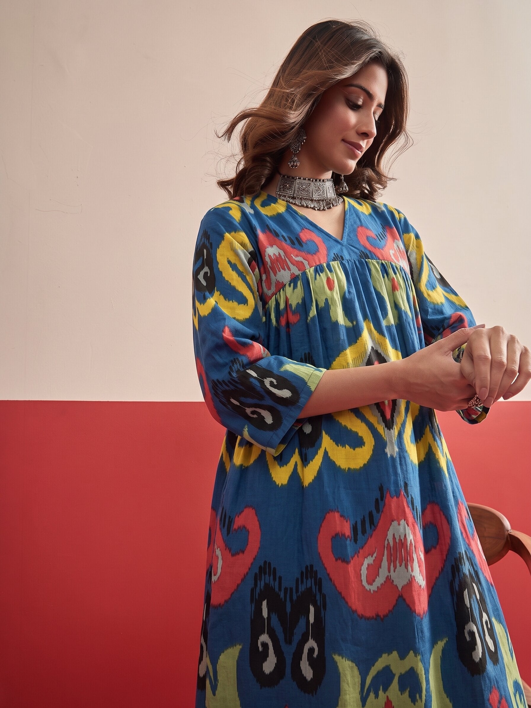 Dull Blue Ikat Kurta Pant Set