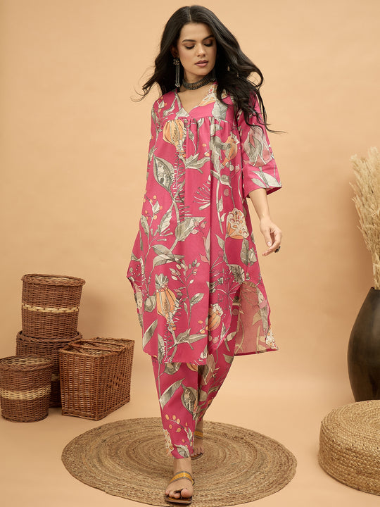 Magenta Anar Print Flared Kurta Pant Set
