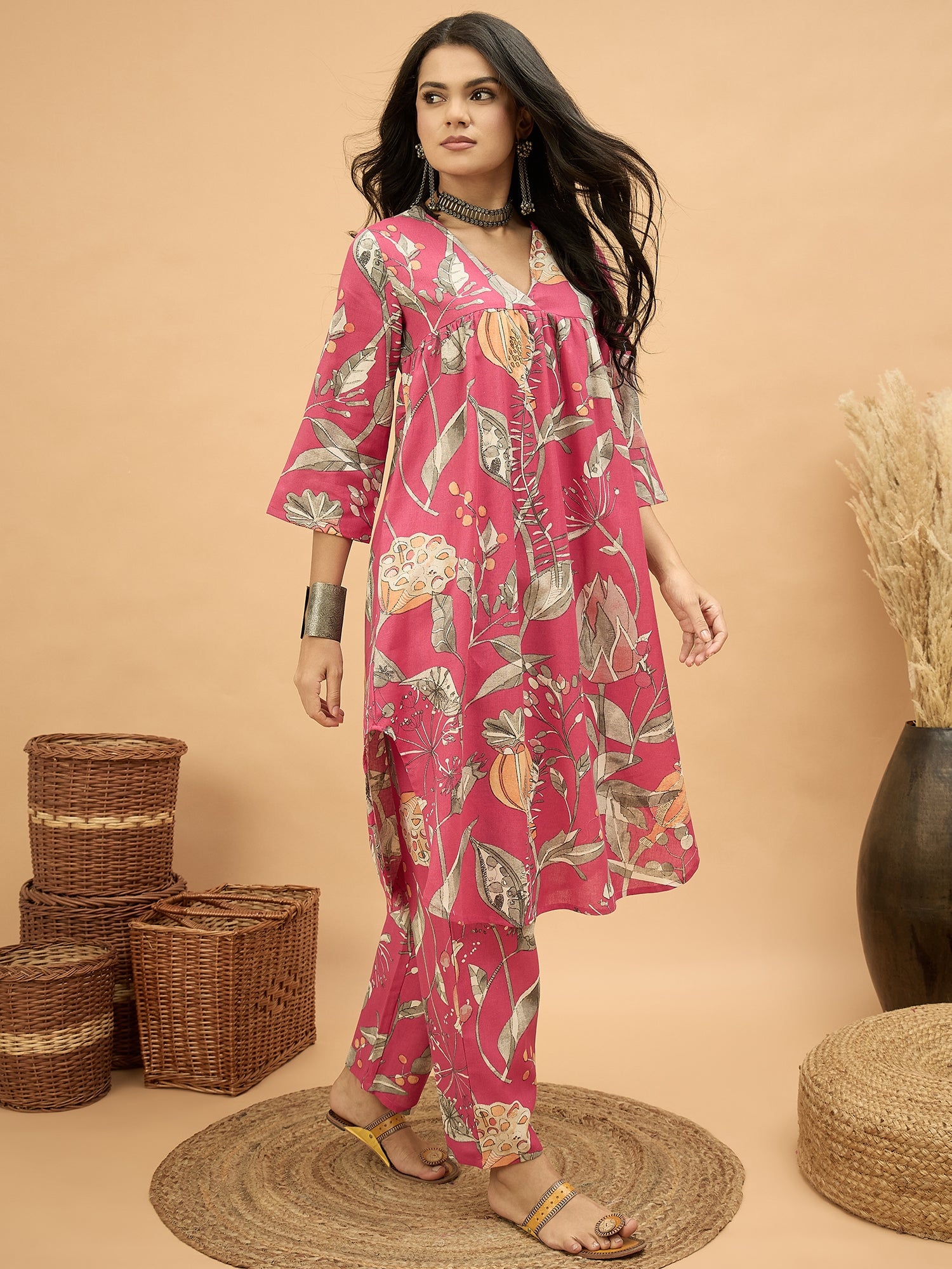 Magenta Anar Print Flared Kurta Pant Set