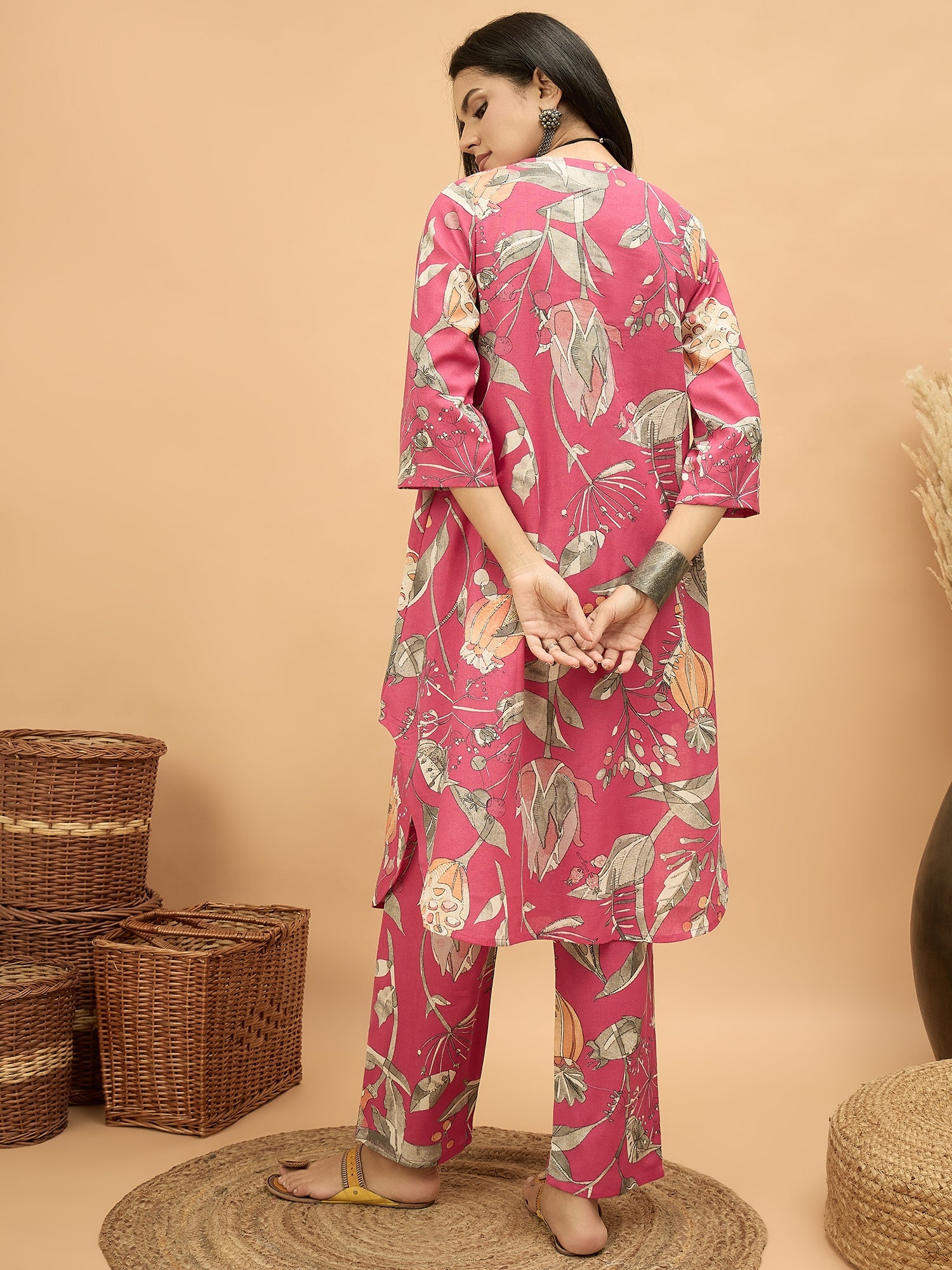 Magenta Anar Print Flared Kurta Pant Set