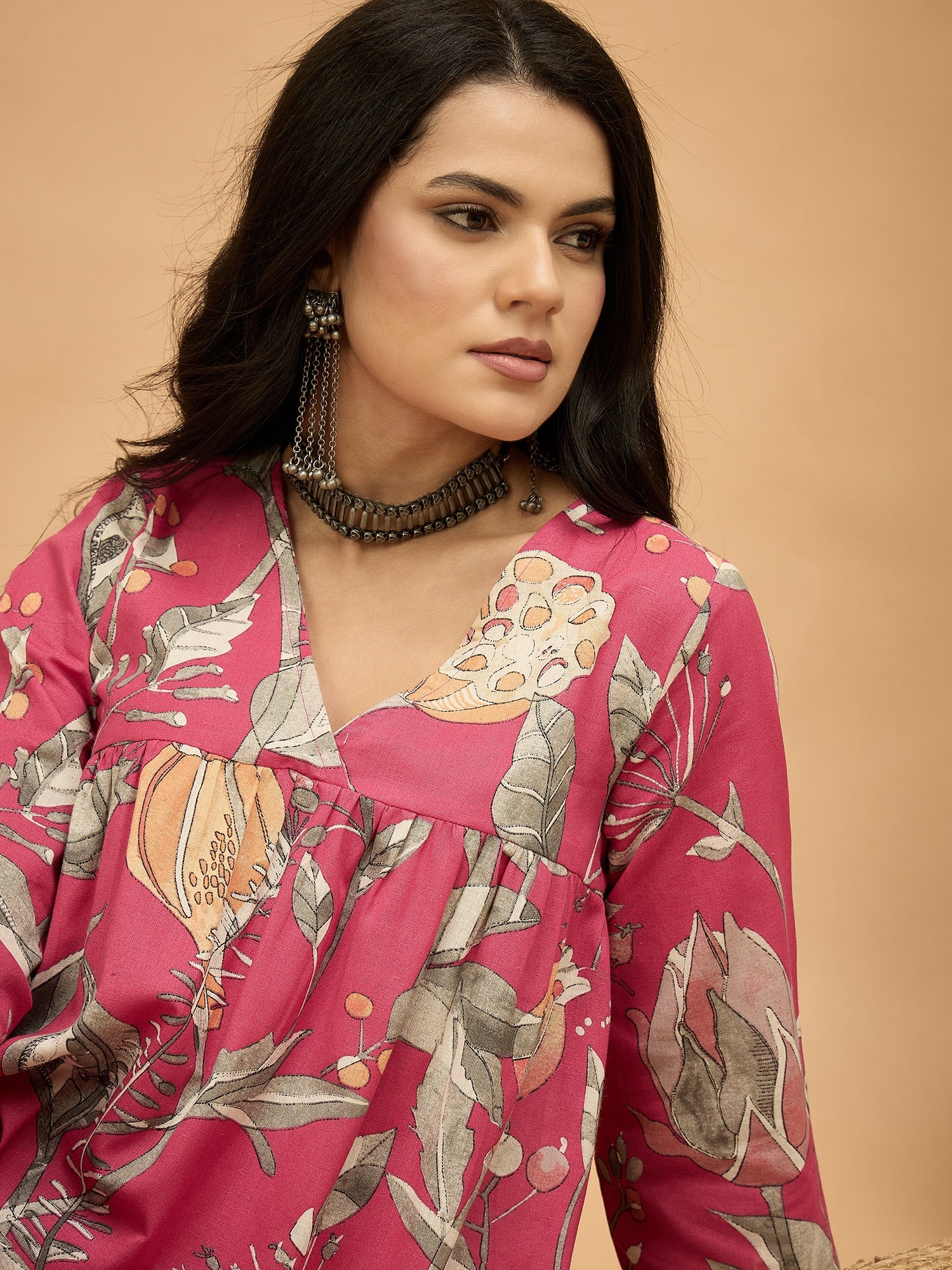 Magenta Anar Print Flared Kurta Pant Set