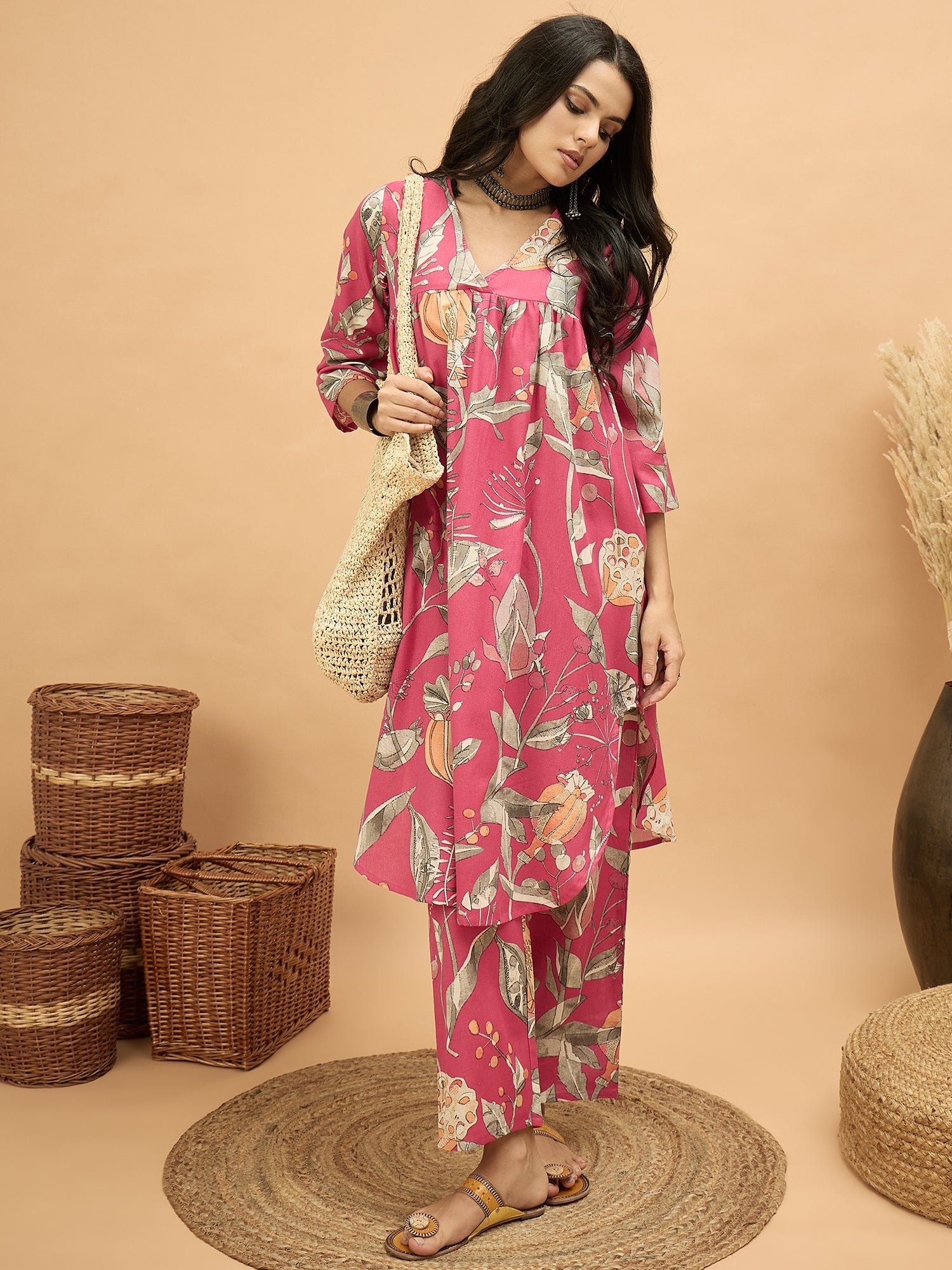 Magenta Anar Print Flared Kurta Pant Set