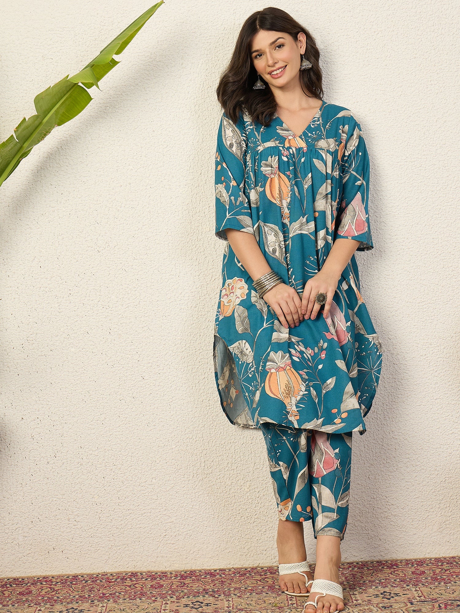 Teal Anar Print Flared Kurta Pant Set
