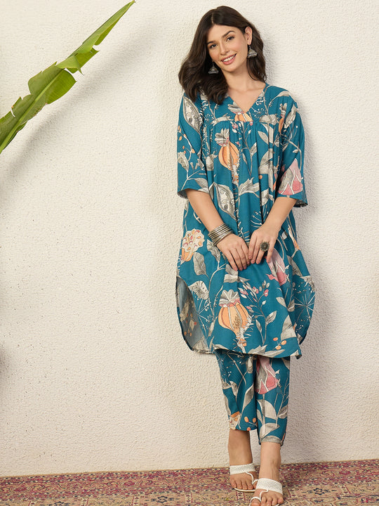 Teal Anar Print Flared Kurta Pant Set