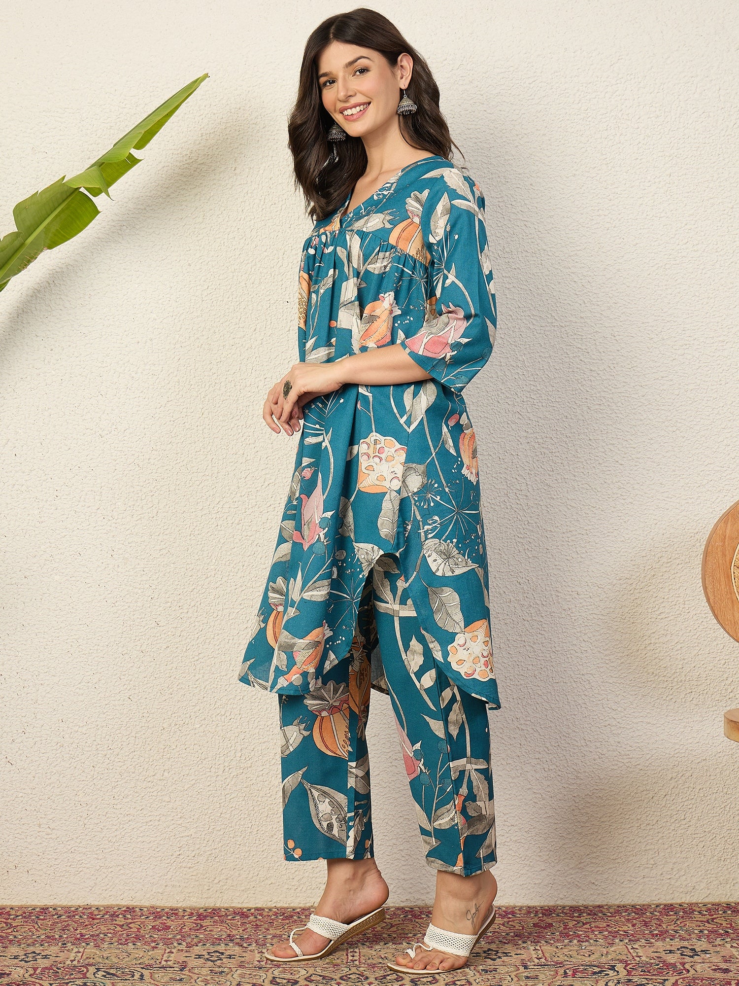 Teal Anar Print Flared Kurta Pant Set