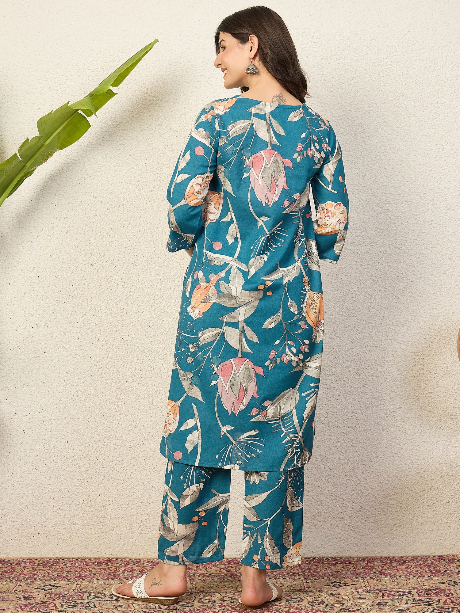 Teal Anar Print Flared Kurta Pant Set
