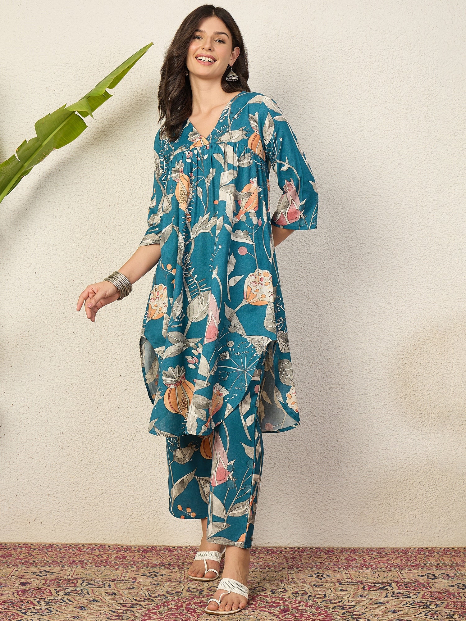 Teal Anar Print Flared Kurta Pant Set