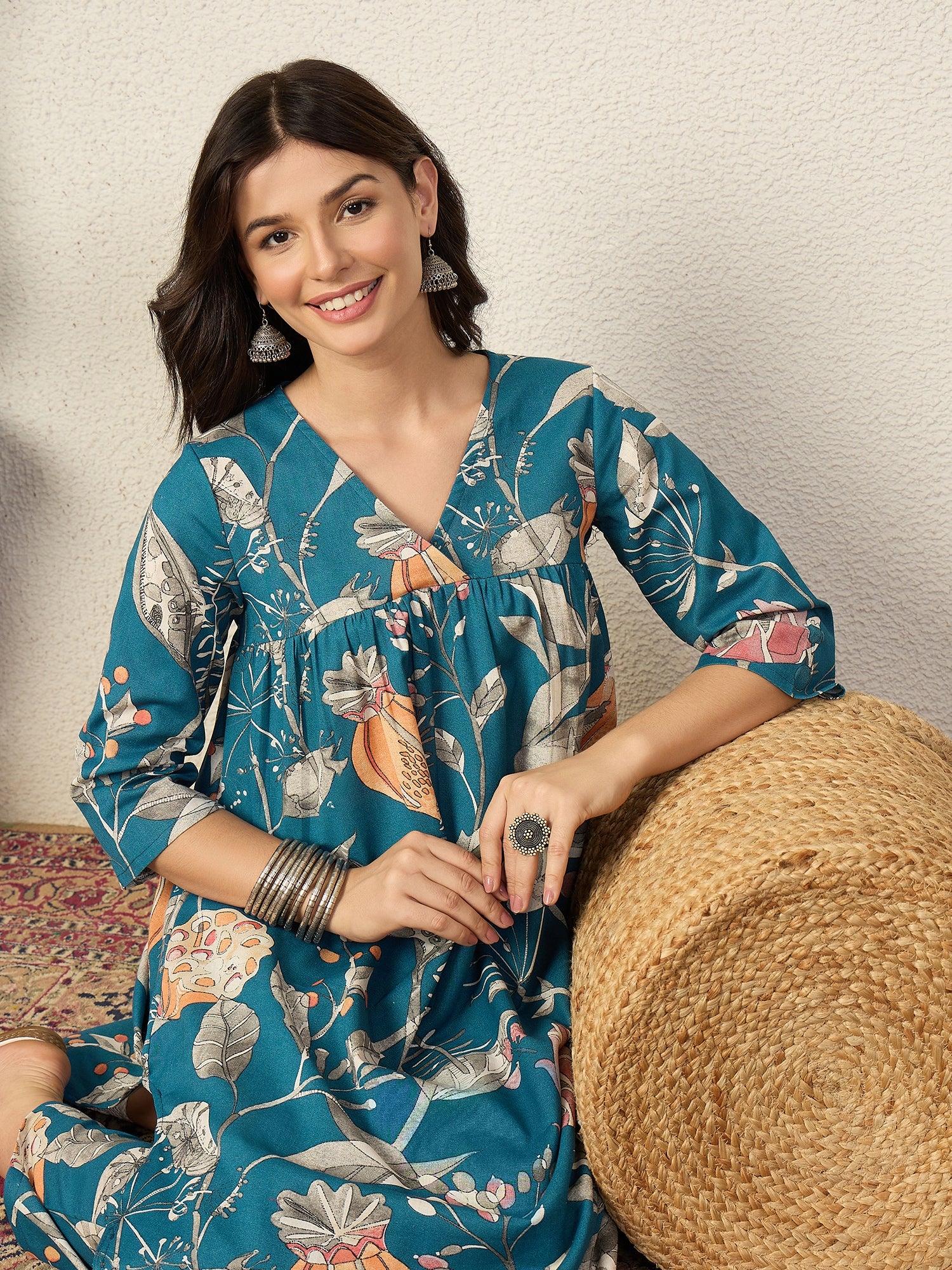 Teal Anar Print Flared Kurta Pant Set