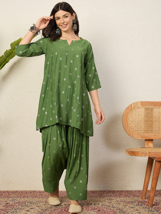 Green Foil Pplm Kurti Salwar Set (To be dispatched in 7 -10 days)