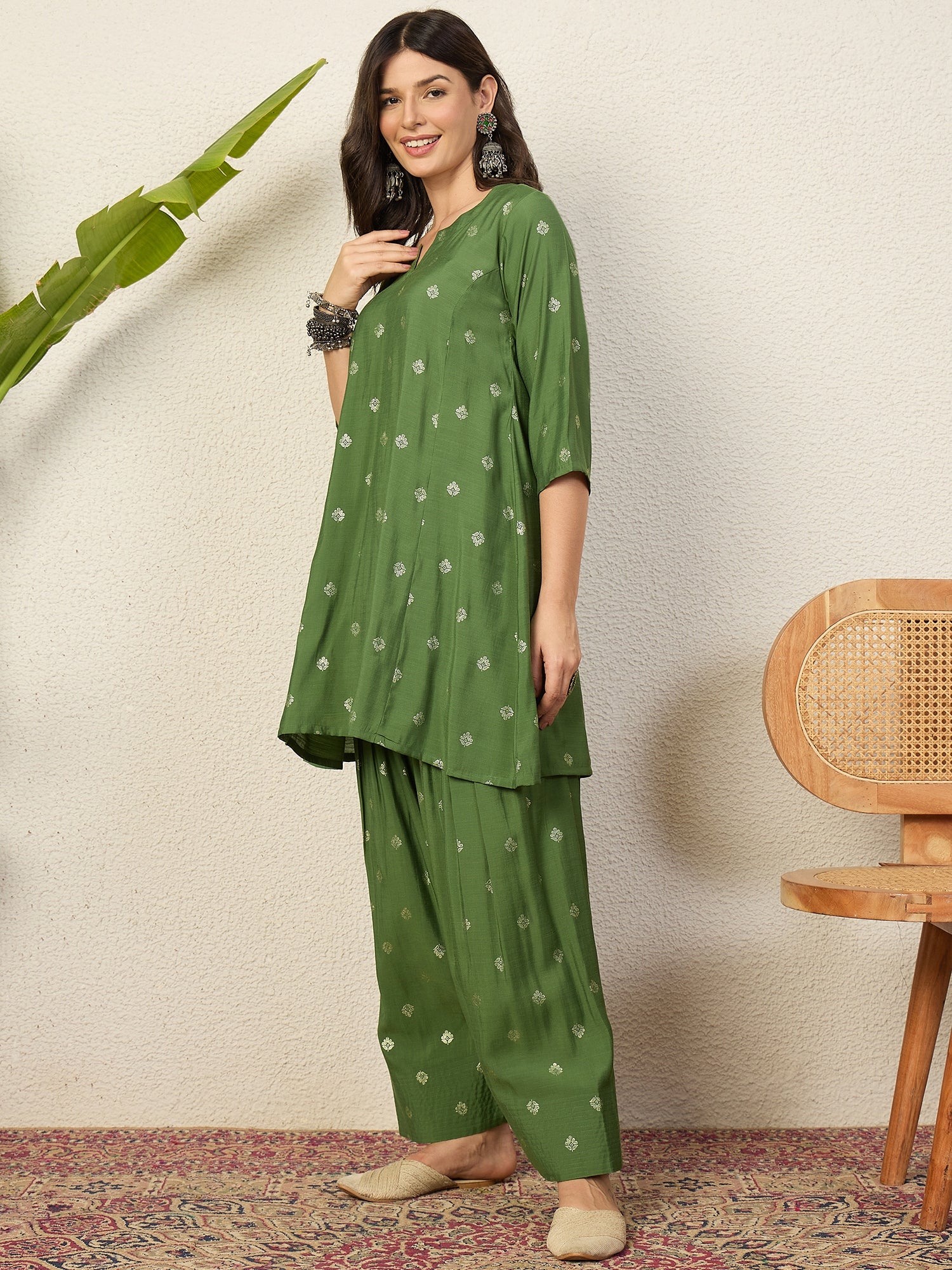 Green Foil Pplm Kurti Salwar Set (To be dispatched in 7 -10 days)