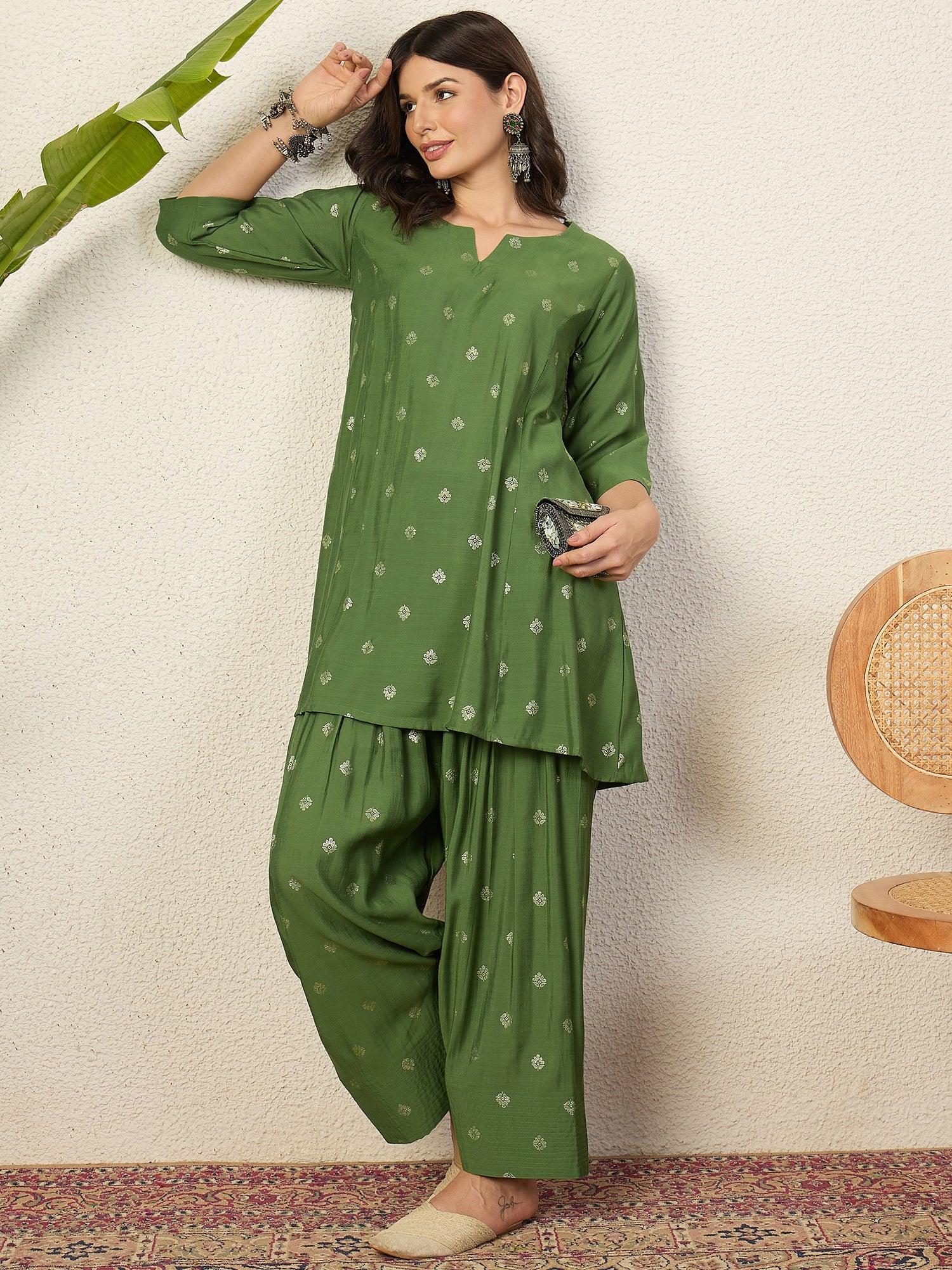Green Foil Pplm Kurti Salwar Set (To be dispatched in 7 -10 days)