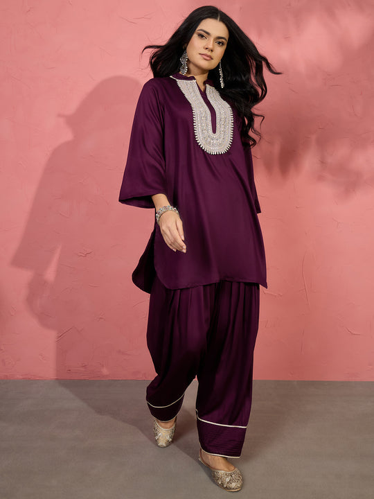 Wine Patch Work Kurta Salwar Set (To be dispatched in 7 -10 days)