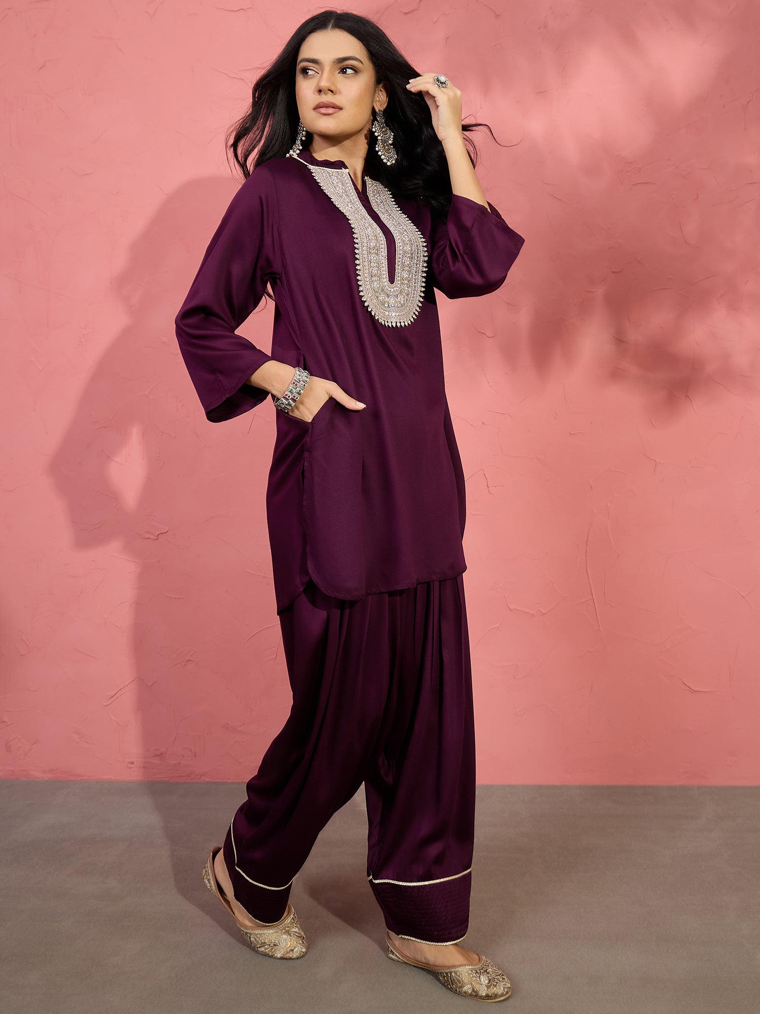 Wine Patch Work Kurta Salwar Set (To be dispatched in 7 -10 days)