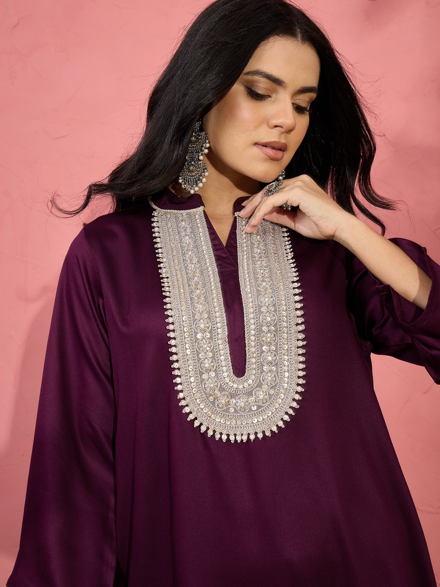 Wine Patch Work Kurta Salwar Set (To be dispatched in 7 -10 days)