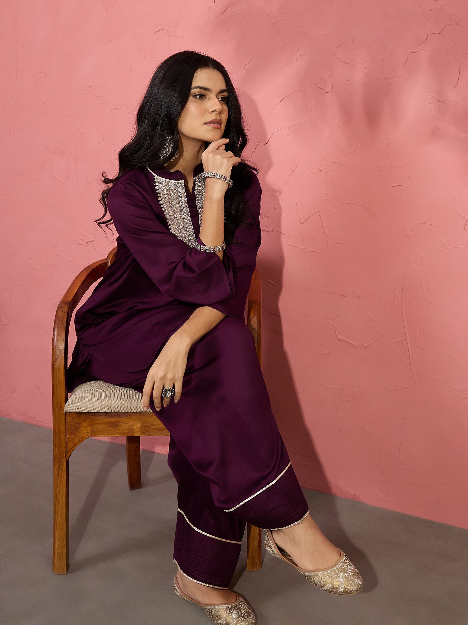 Wine Patch Work Kurta Salwar Set (To be dispatched in 7 -10 days)