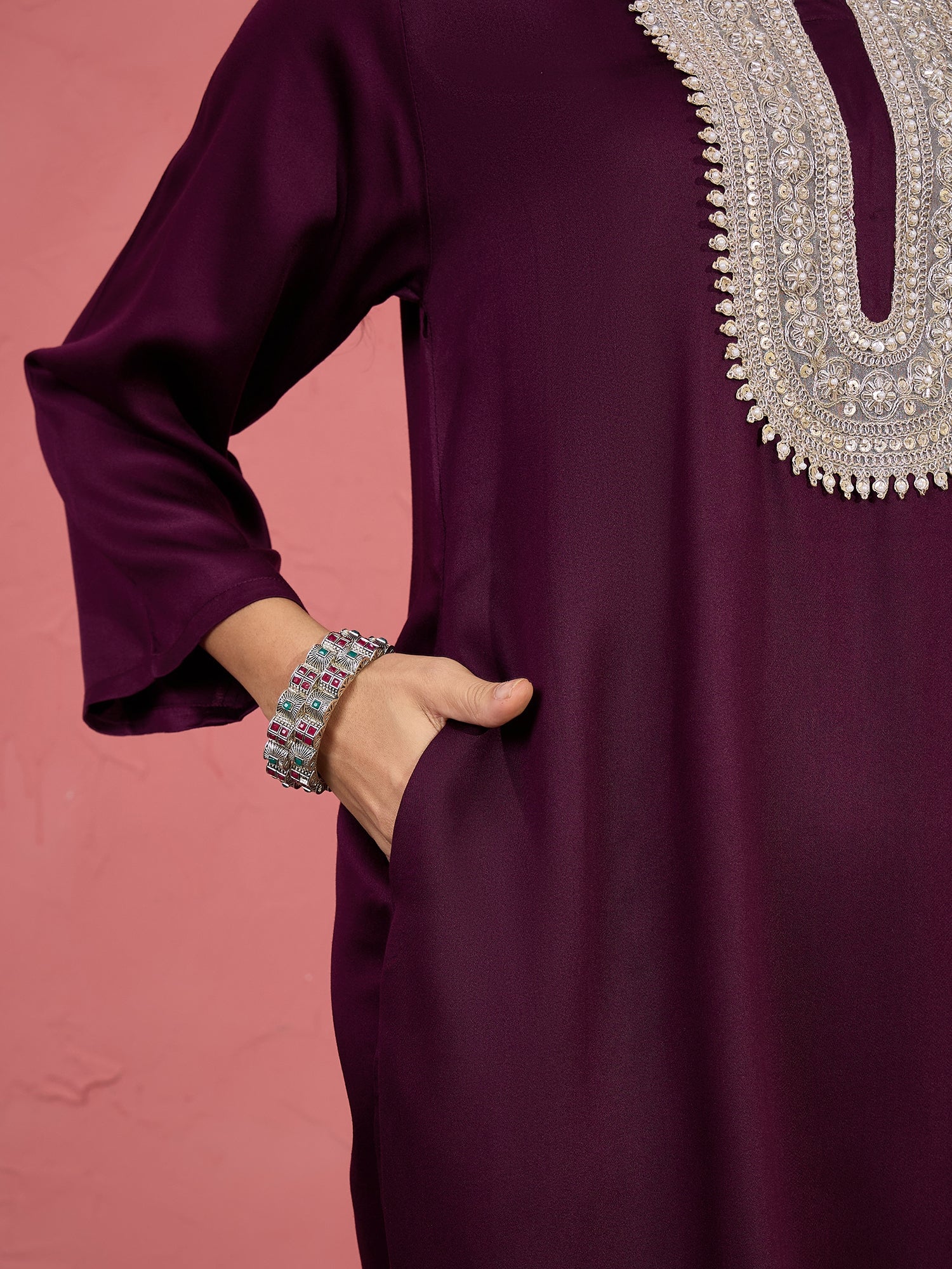 Wine Patch Work Kurta Salwar Set (To be dispatched in 7 -10 days)