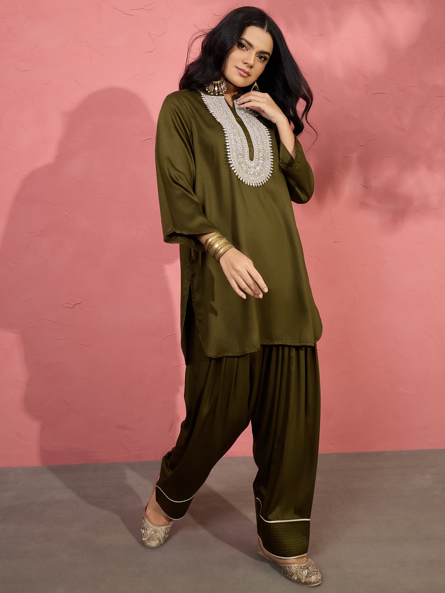 Mehandi Green Patch Work Kurta Salwar Set (To be dispatched in 7 -10 days)