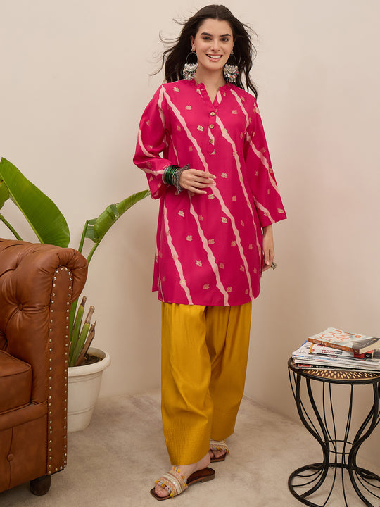 Fuchsia Leheriya Kurta Yellow Salwar Set (To be dispatched in 7 -10 days)