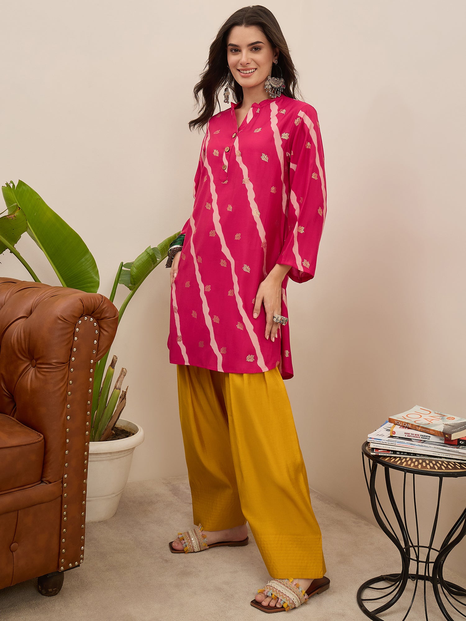 Fuchsia Leheriya Kurta Yellow Salwar Set (To be dispatched in 7 -10 days)