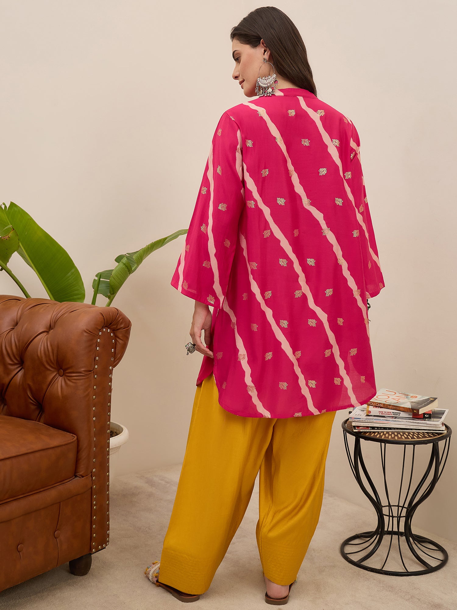 Fuchsia Leheriya Kurta Yellow Salwar Set (To be dispatched in 7 -10 days)