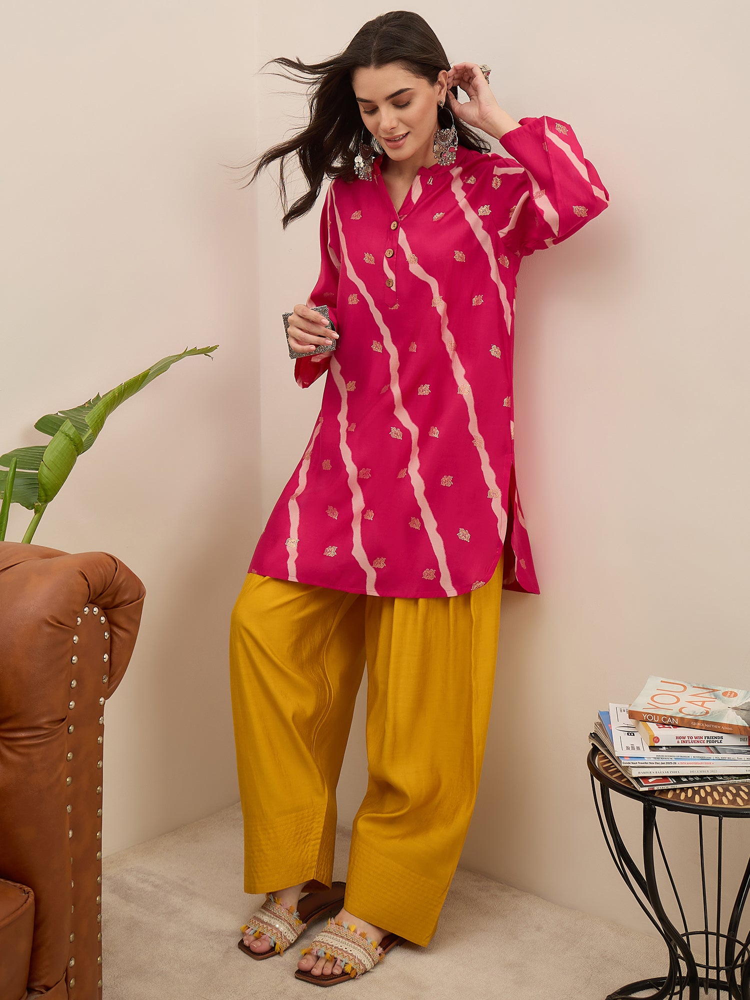 Fuchsia Leheriya Kurta Yellow Salwar Set (To be dispatched in 7 -10 days)