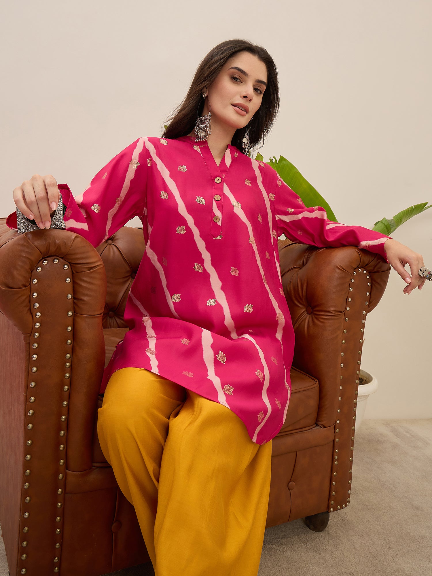 Fuchsia Leheriya Kurta Yellow Salwar Set (To be dispatched in 7 -10 days)