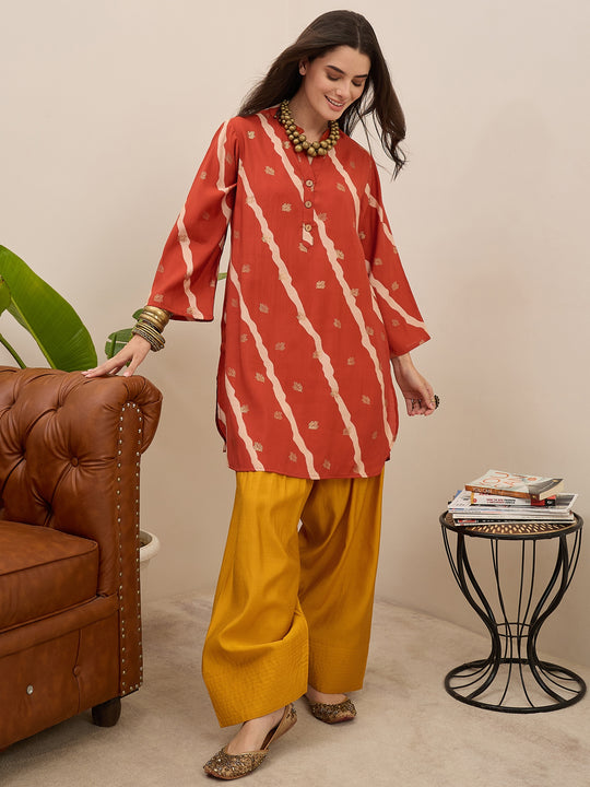 Orange Leheriya Kurta Yellow Salwar Set (To be dispatched in 7 -10 days)