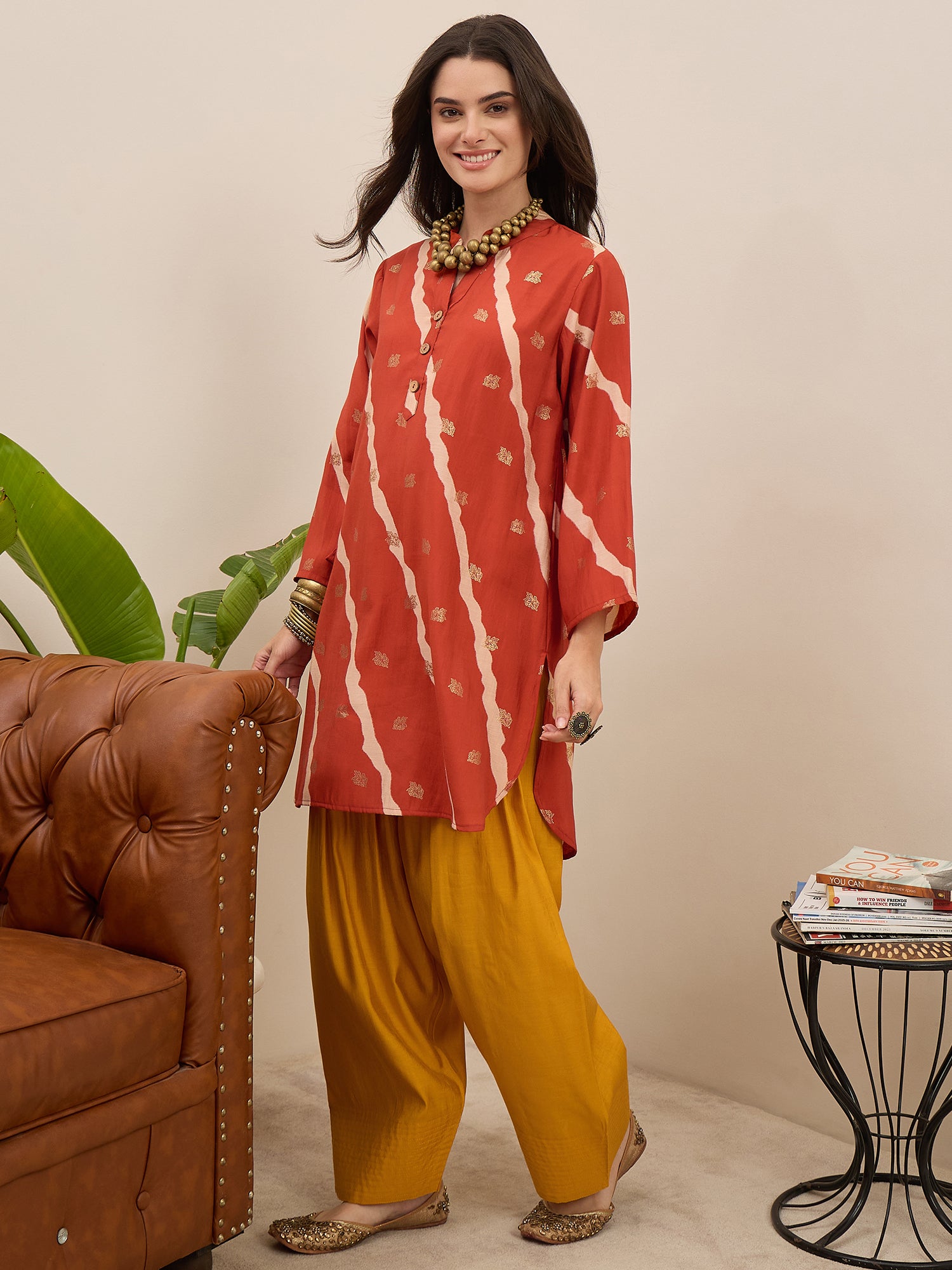 Orange Leheriya Kurta Yellow Salwar Set (To be dispatched in 7 -10 days)
