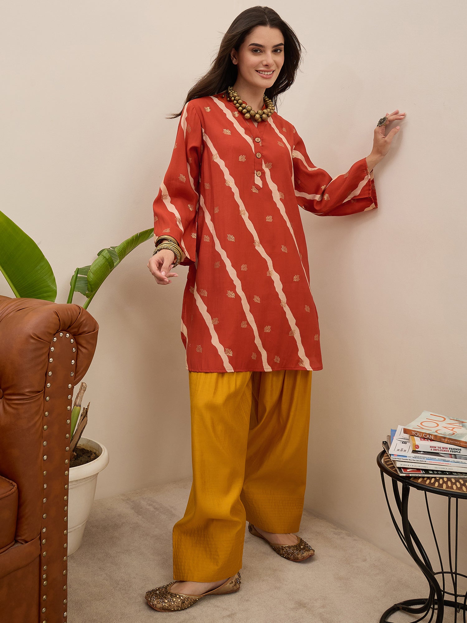 Orange Leheriya Kurta Yellow Salwar Set (To be dispatched in 7 -10 days)