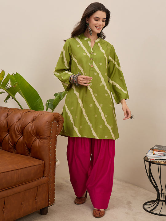 Lime Leheriya Kurta Fuchsia Salwar Set (To be dispatched in 7 -10 days)