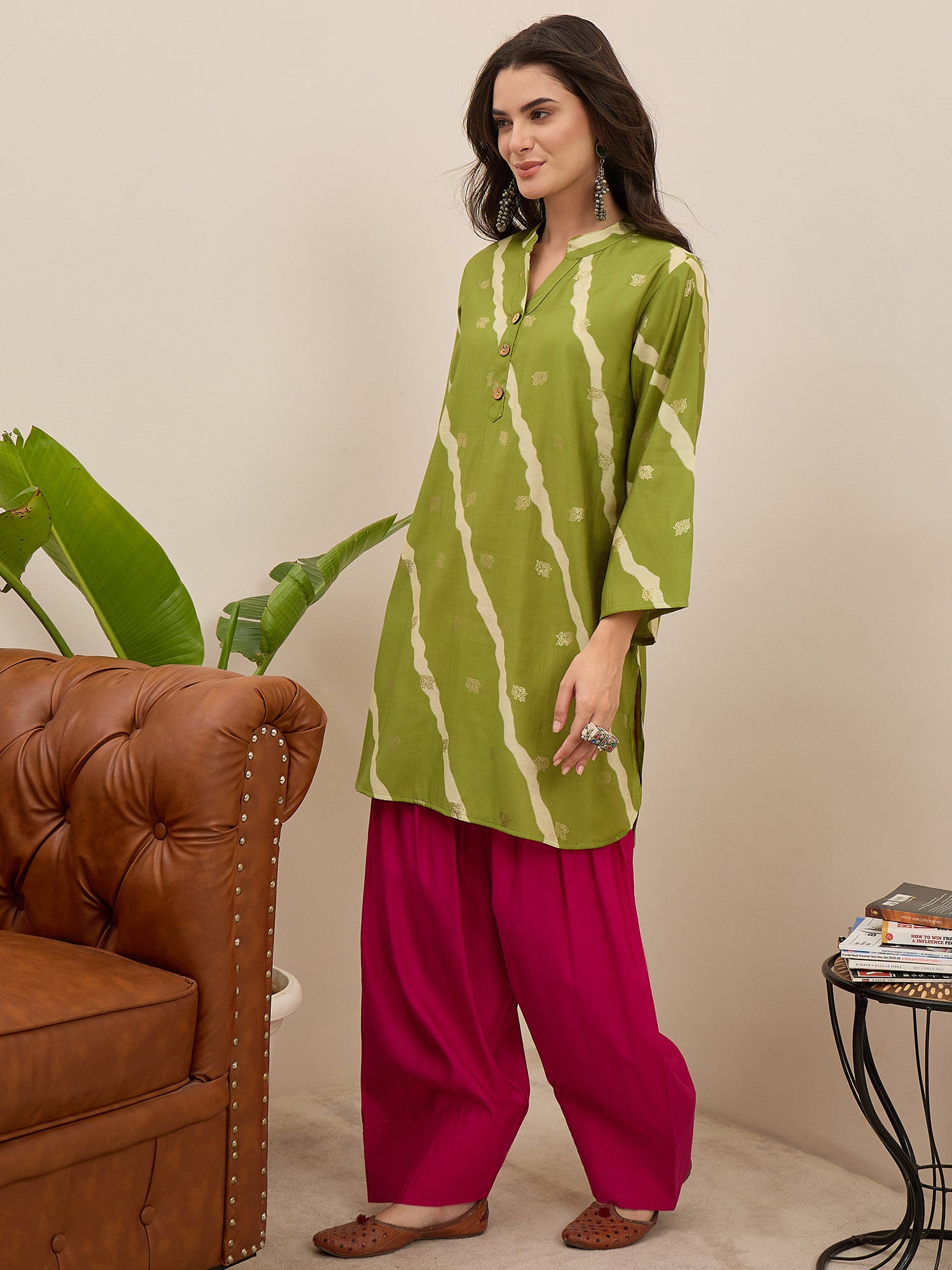 Lime Leheriya Kurta Fuchsia Salwar Set (To be dispatched in 7 -10 days)