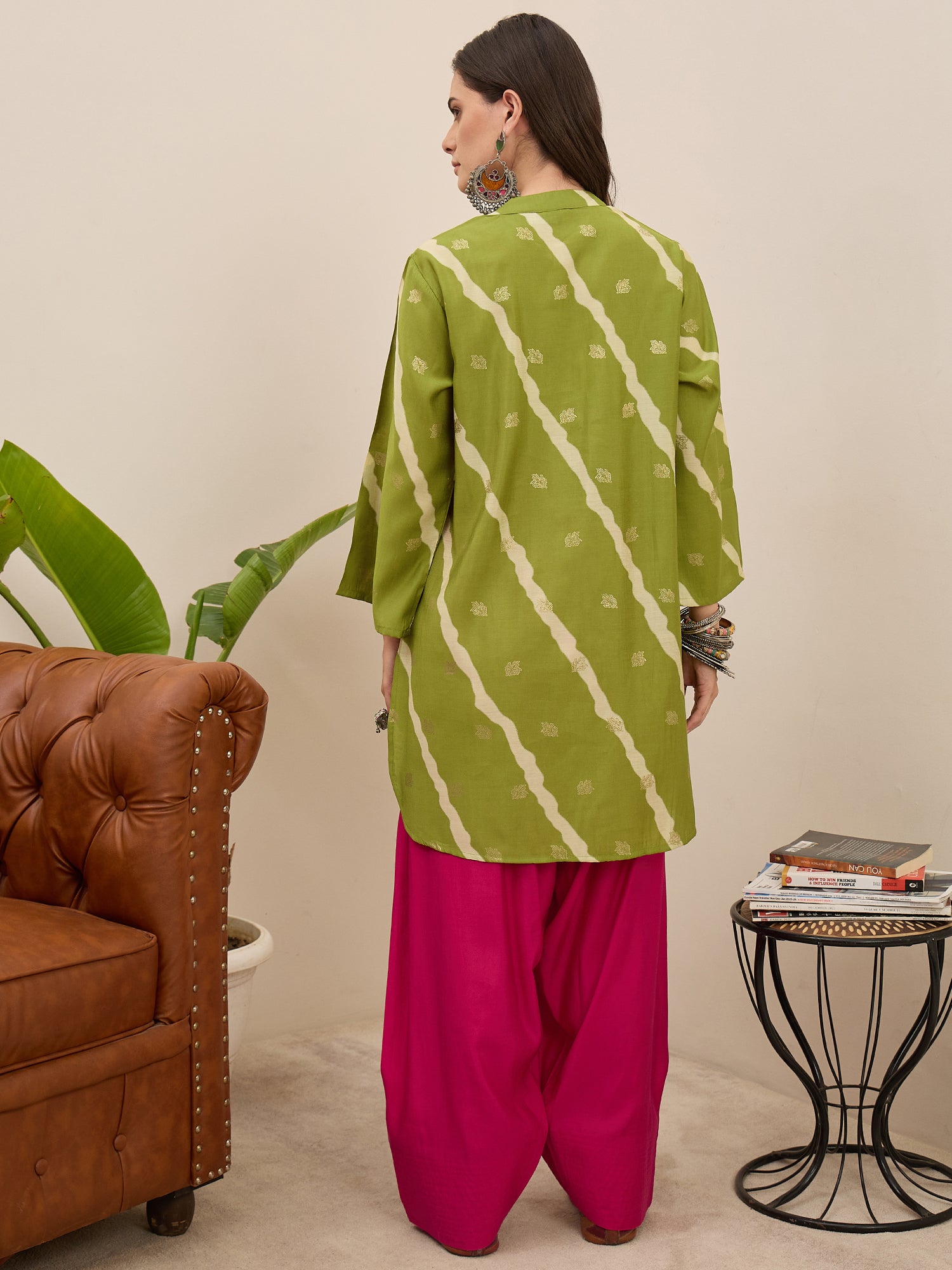 Lime Leheriya Kurta Fuchsia Salwar Set (To be dispatched in 7 -10 days)