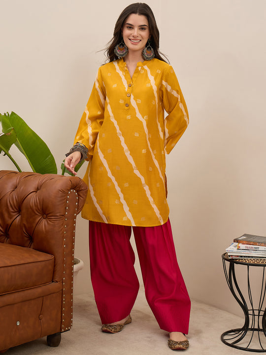 Yellow Leheriya Kurta Fuchsia Salwar Set (To be dispatched in 7 -10 days)