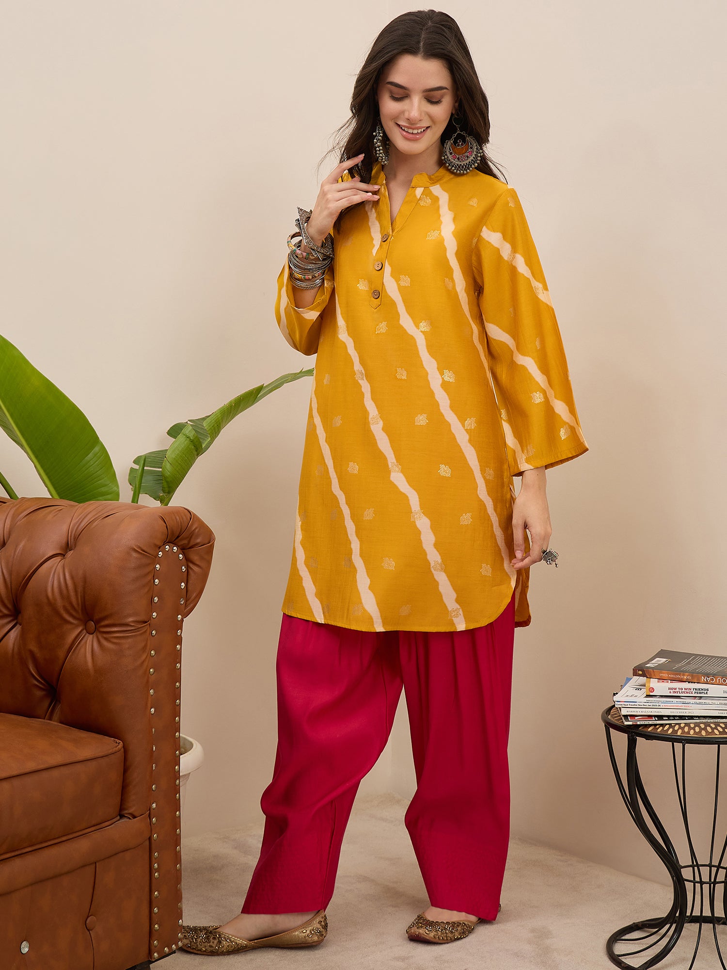 Yellow Leheriya Kurta Fuchsia Salwar Set (To be dispatched in 7 -10 days)
