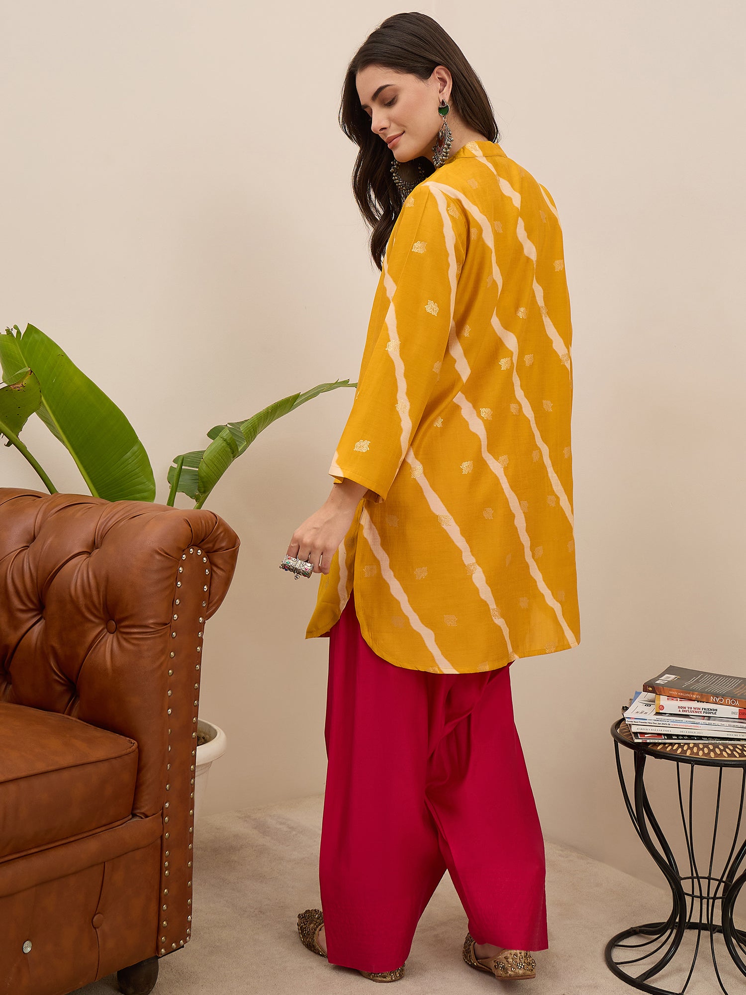 Yellow Leheriya Kurta Fuchsia Salwar Set (To be dispatched in 7 -10 days)