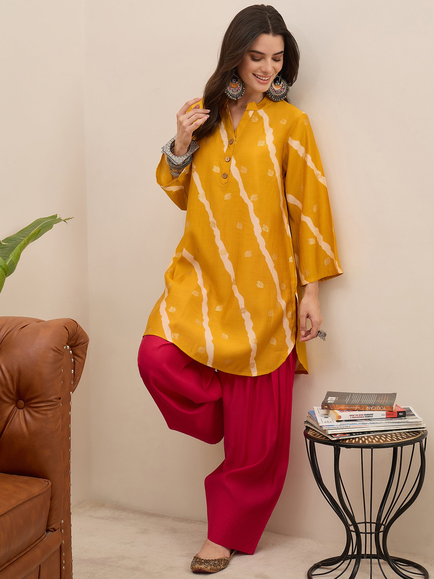 Yellow Leheriya Kurta Fuchsia Salwar Set (To be dispatched in 7 -10 days)