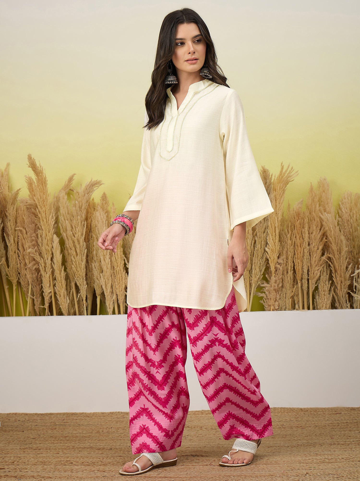 White Kurta Pink Chevron Print Salwar Set (To be dispatched in 7 -10 days)