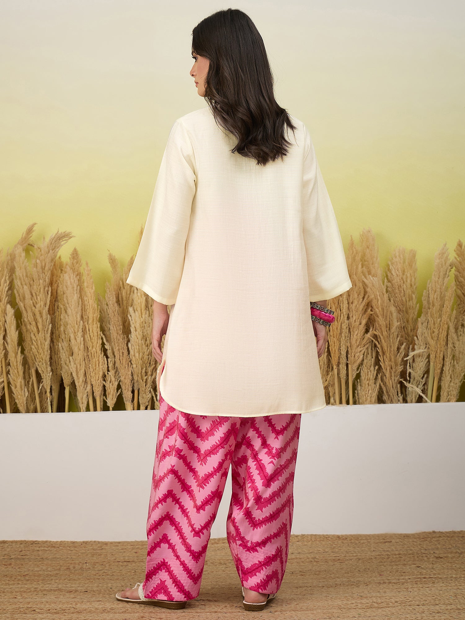 White Kurta Pink Chevron Print Salwar Set (To be dispatched in 7 -10 days)