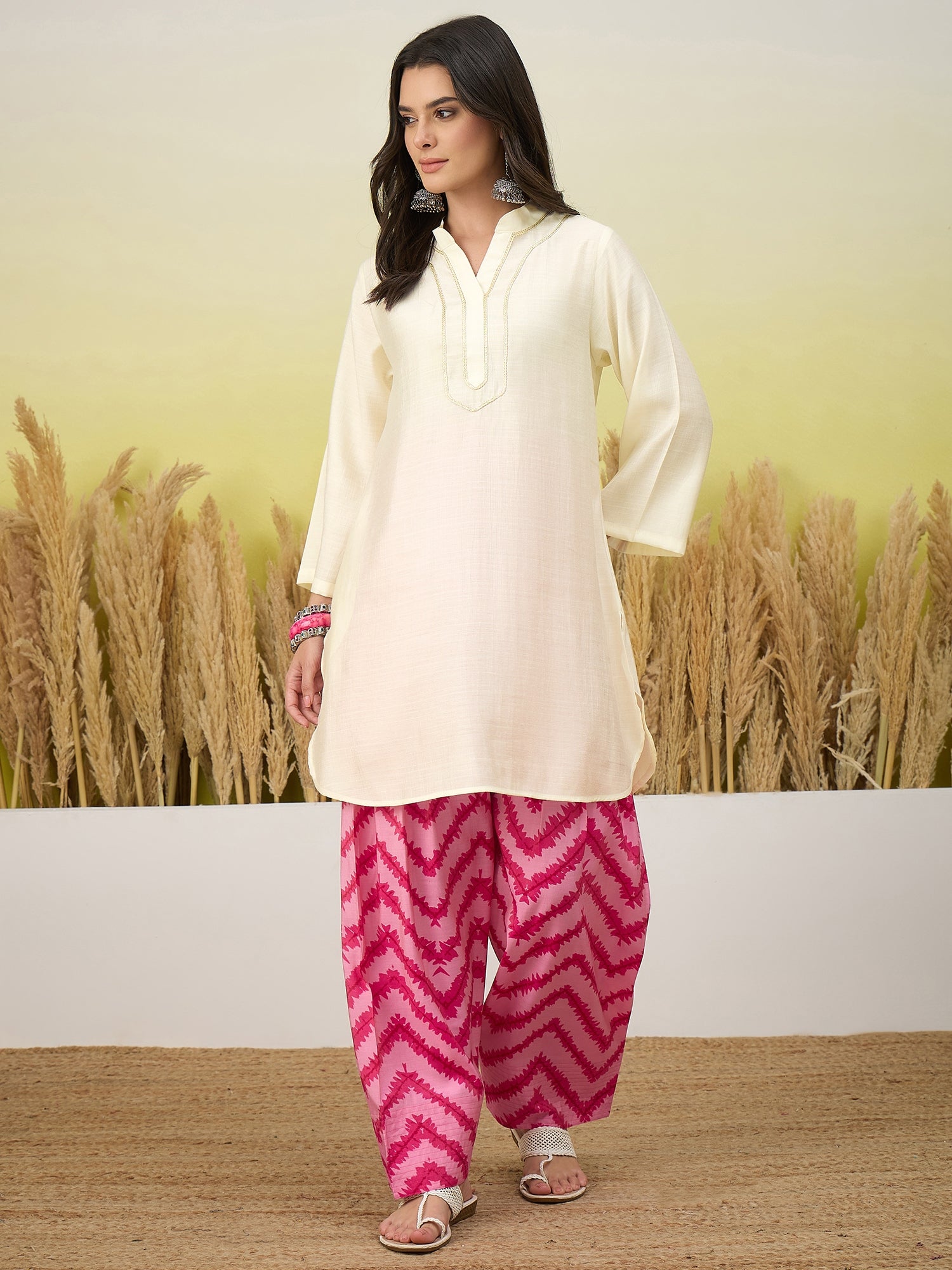 White Kurta Pink Chevron Print Salwar Set (To be dispatched in 7 -10 days)