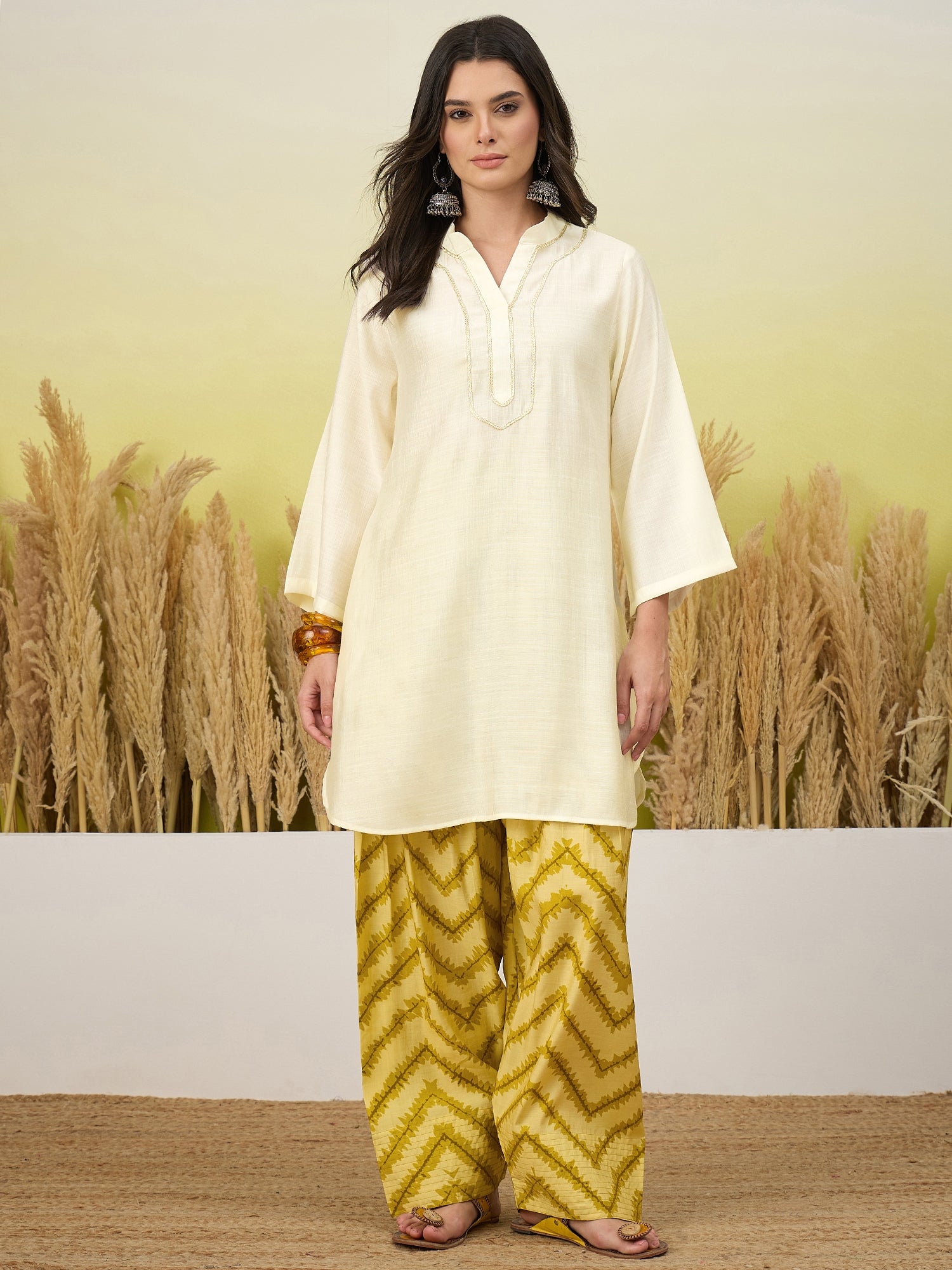 White Kurta Yellow Chevron Print Salwar Set (To be dispatched in 7 -10 days)