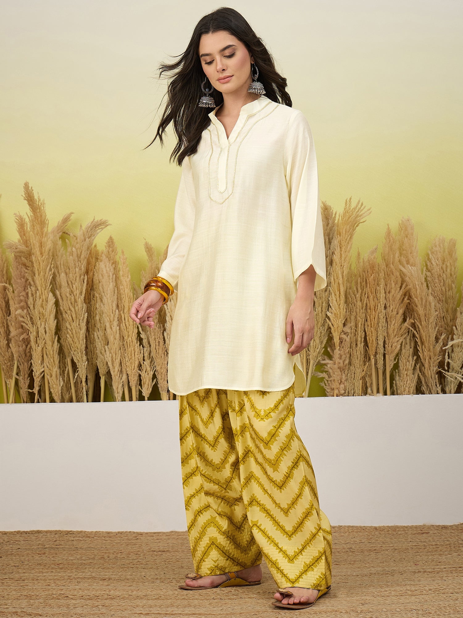 White Kurta Yellow Chevron Print Salwar Set (To be dispatched in 7 -10 days)