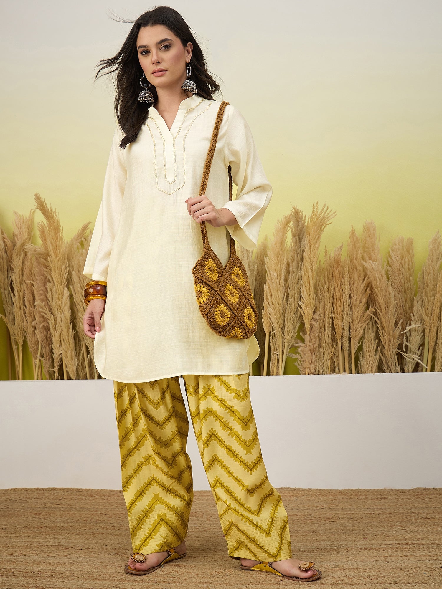 White Kurta Yellow Chevron Print Salwar Set (To be dispatched in 7 -10 days)