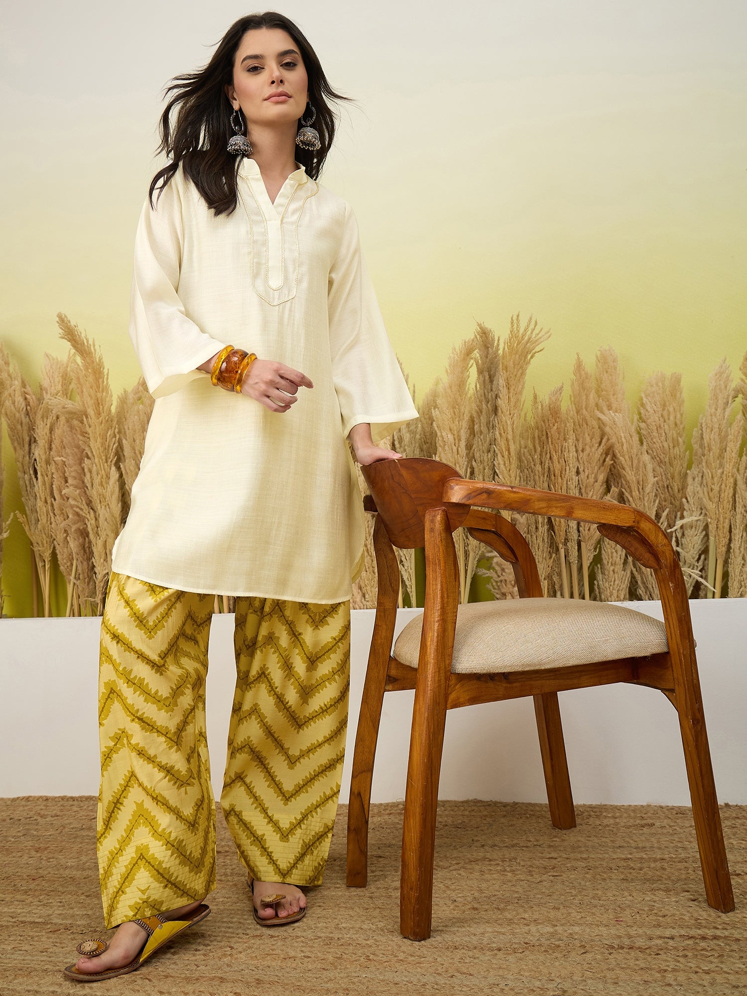 White Kurta Yellow Chevron Print Salwar Set (To be dispatched in 7 -10 days)